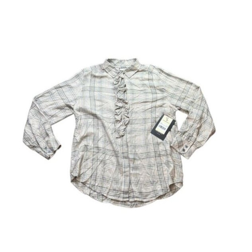 Tuckernuck Flannel Blouse Womens Size XXL Ruffled Collar Tan Gold Plaid Shirt